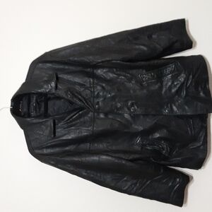 Perry Ellis men leather jacket pea coat in size L y2k black button down winter